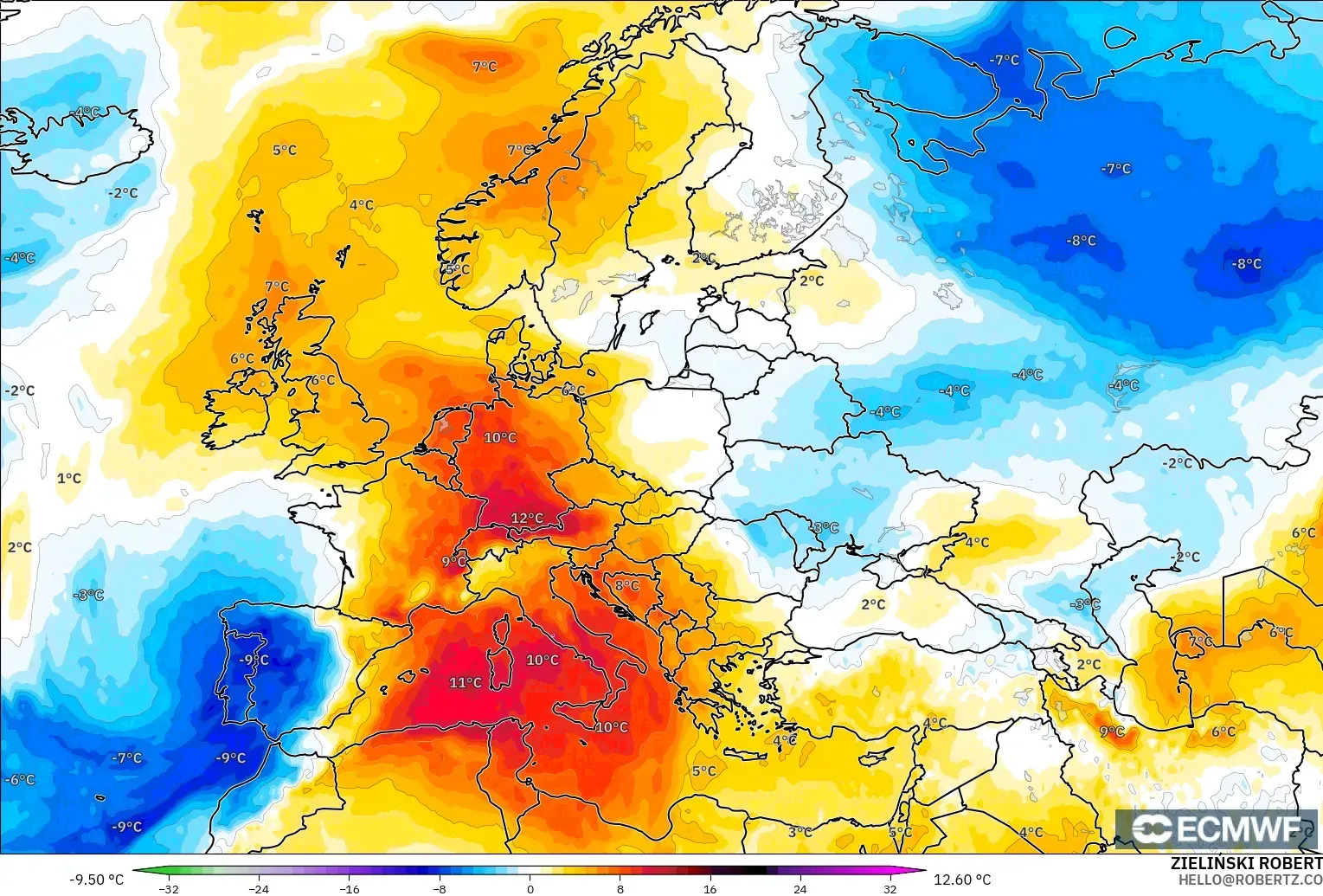 ECMWF IFS 0.25° modelo - Europa, Anomalía de temperatura a 850 hPa