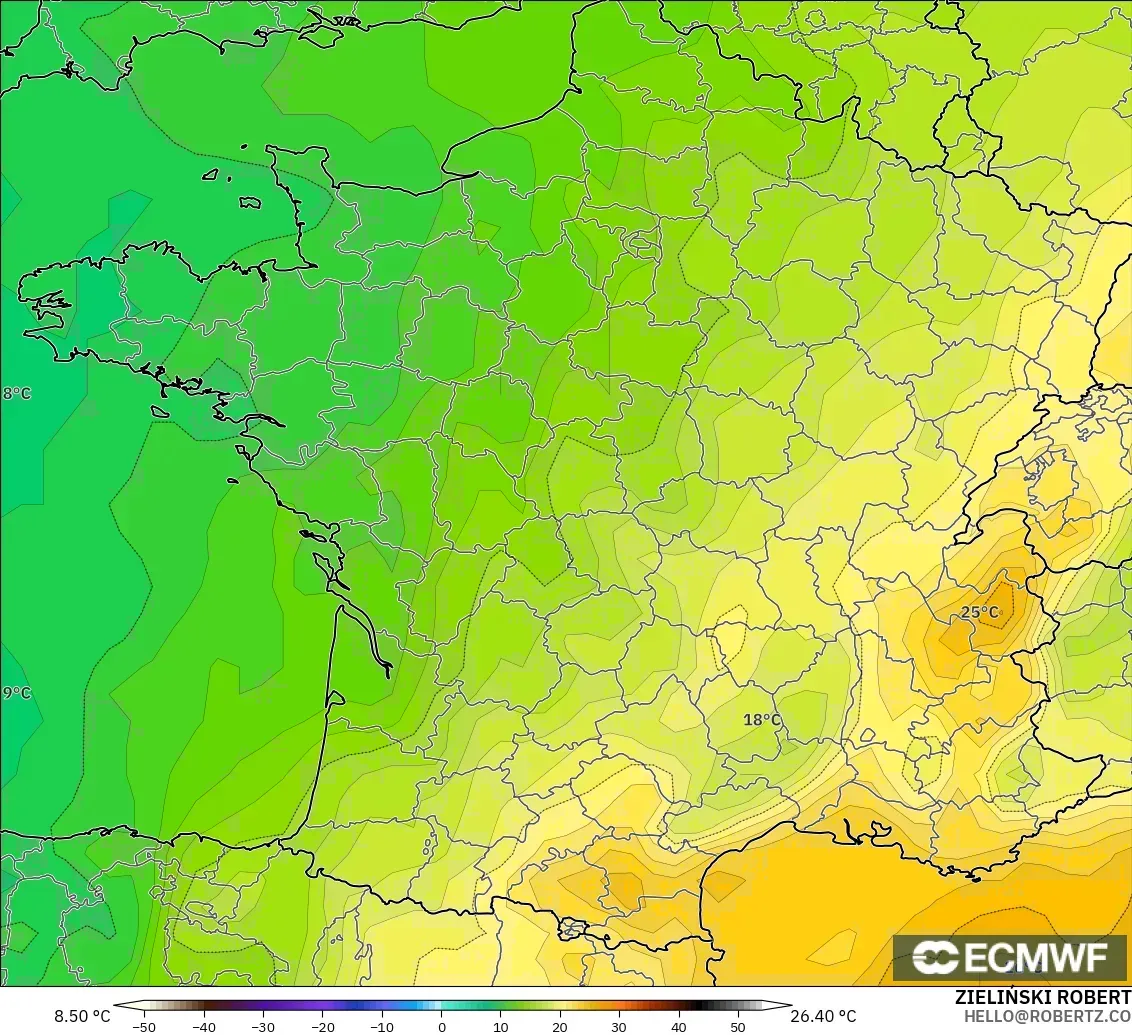 ECMWF IFS 0.25° modelo - Francia, Temperatura a 850 hPa