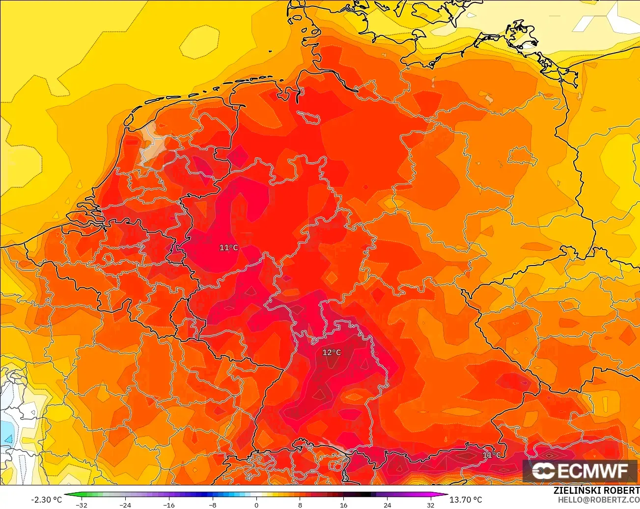 ECMWF IFS 0.25° modelo - Alemania, Anomalía de temperatura a 2 m