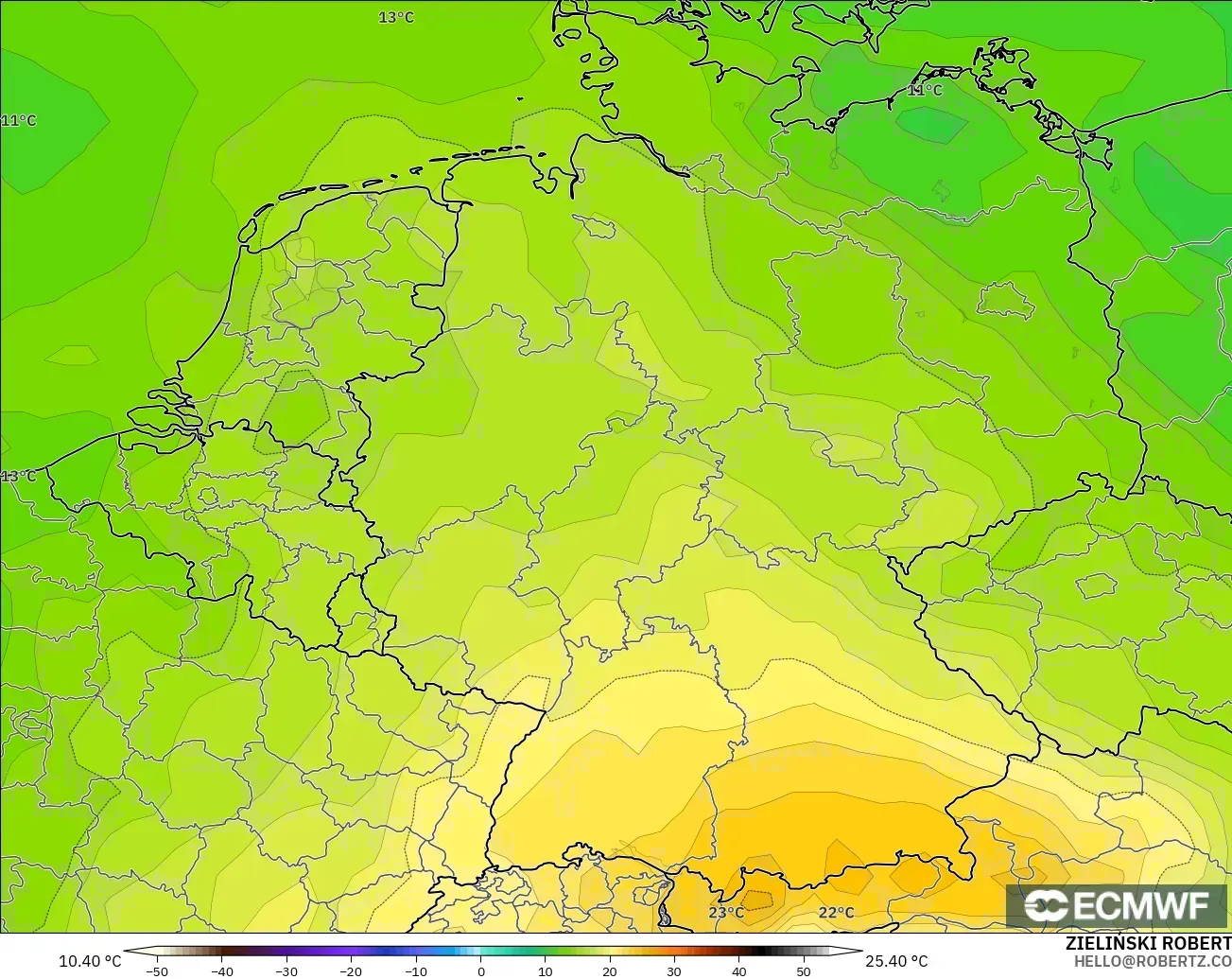 ECMWF IFS 0.25° modelo - Alemania, Temperatura a 850 hPa