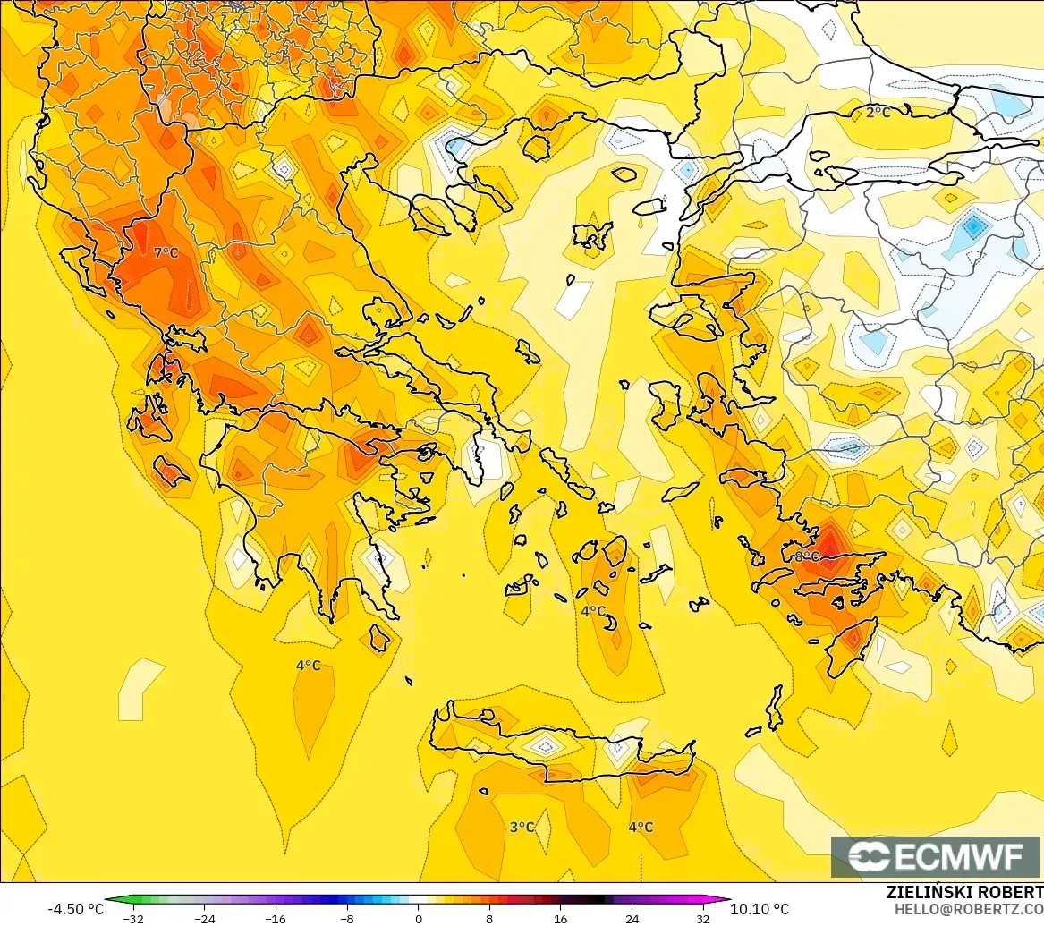 ECMWF IFS 0.25° modelo - Grecia, Anomalía de temperatura a 2 m