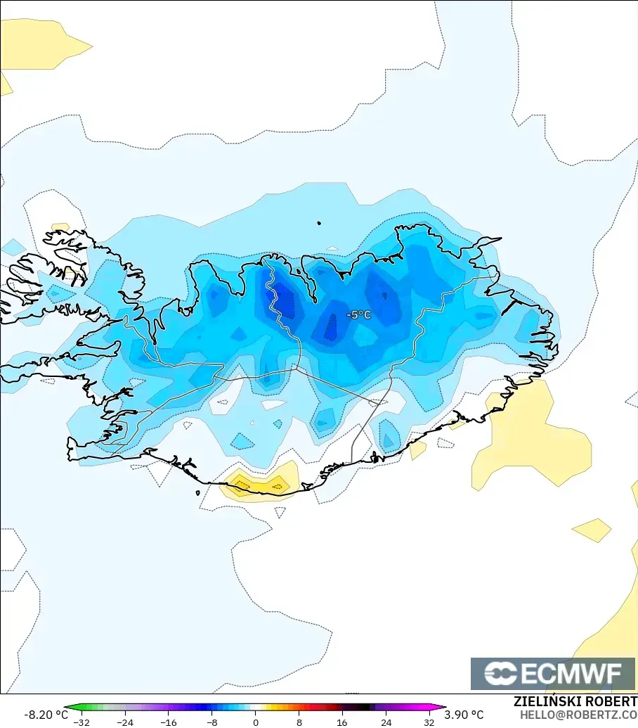 ECMWF IFS 0.25° modelo - Islandia, Anomalía de temperatura a 2 m