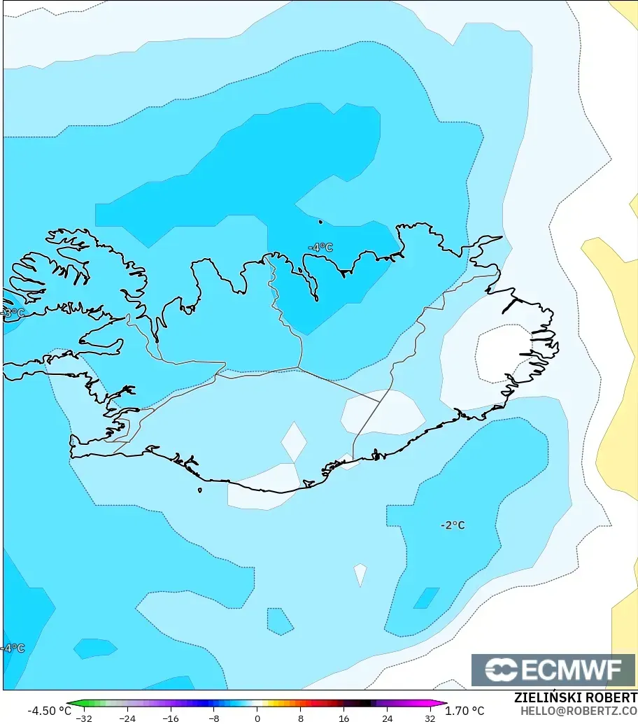 ECMWF IFS 0.25° modelo - Islandia, Anomalía de temperatura a 850 hPa