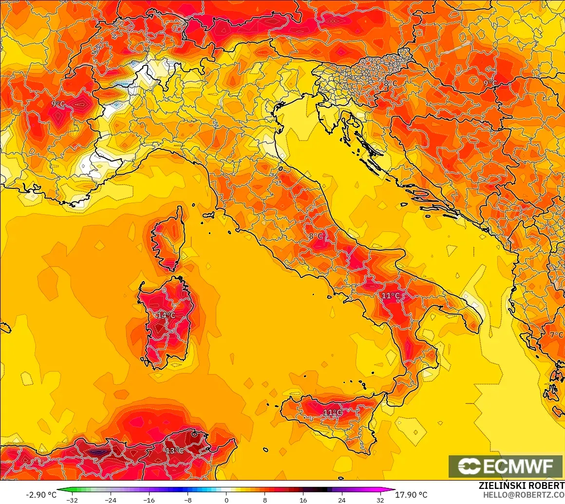 ECMWF IFS 0.25° modelo - Italia, Anomalía de temperatura a 2 m