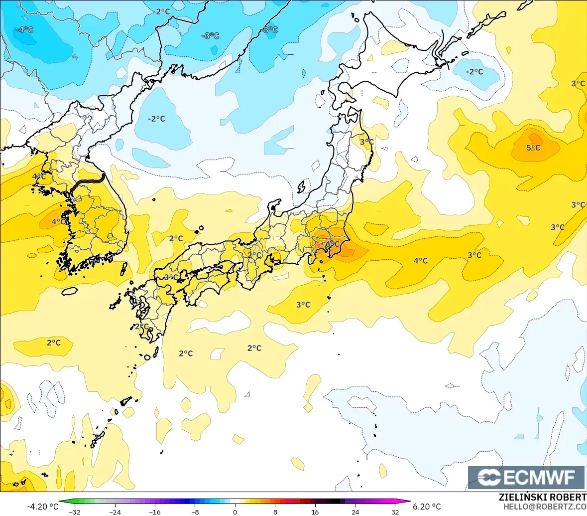 ECMWF IFS 0.25° modelo - Japón, Anomalía de temperatura a 850 hPa