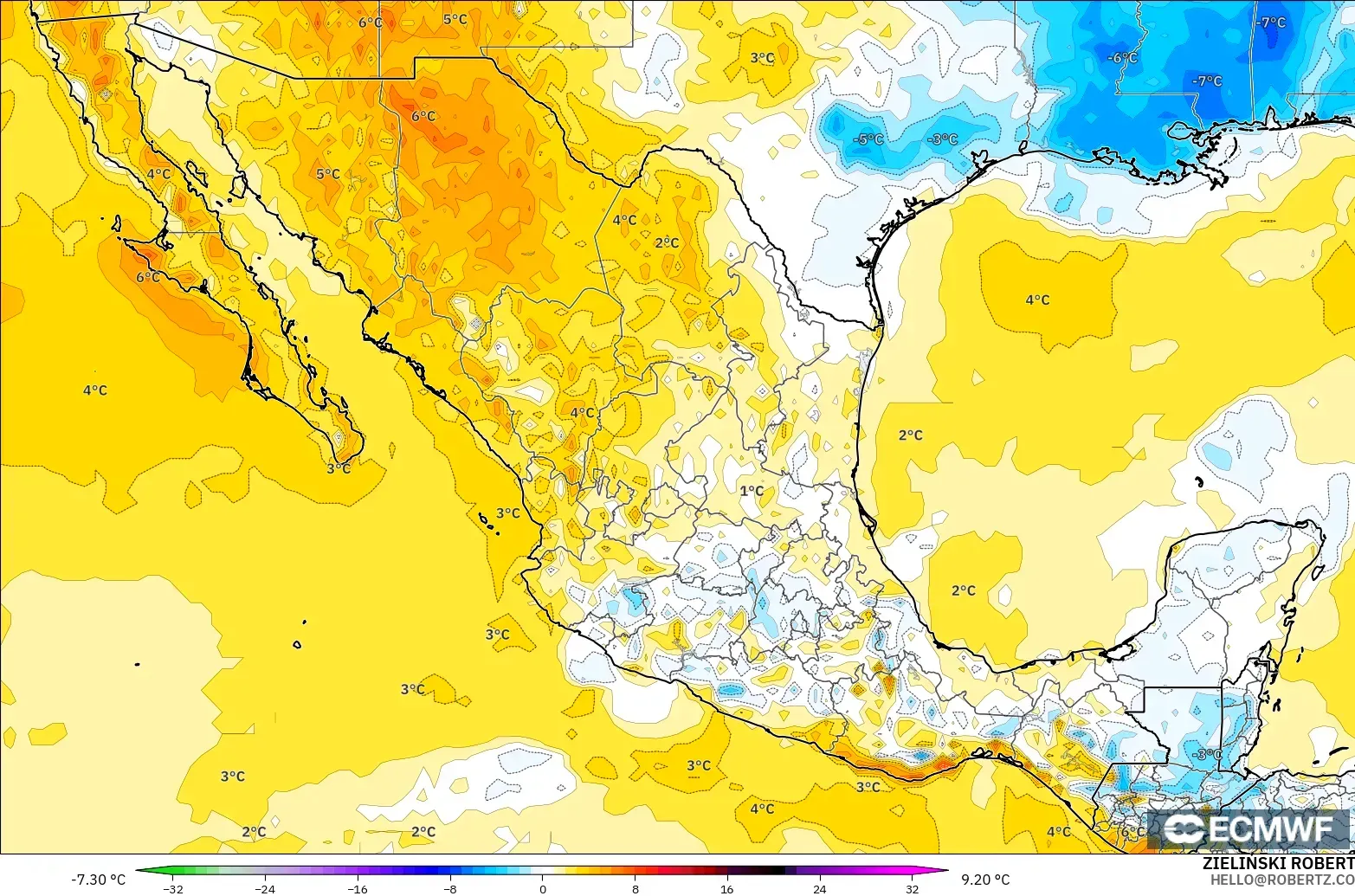 ECMWF IFS 0.25° modelo - México, Anomalía de temperatura a 2 m