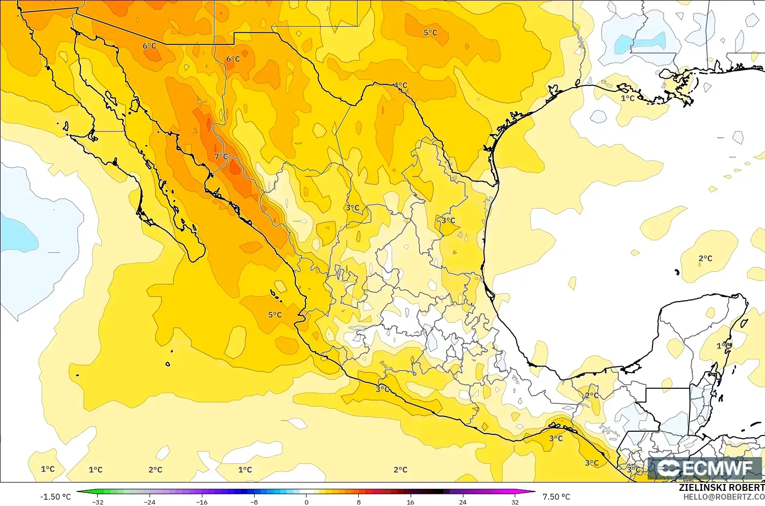 ECMWF IFS 0.25° modelo - México, Anomalía de temperatura a 850 hPa