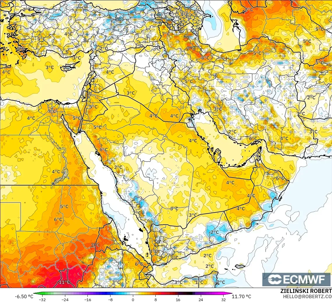 ECMWF IFS 0.25° modelo - Oriente Medio, Anomalía de temperatura a 2 m
