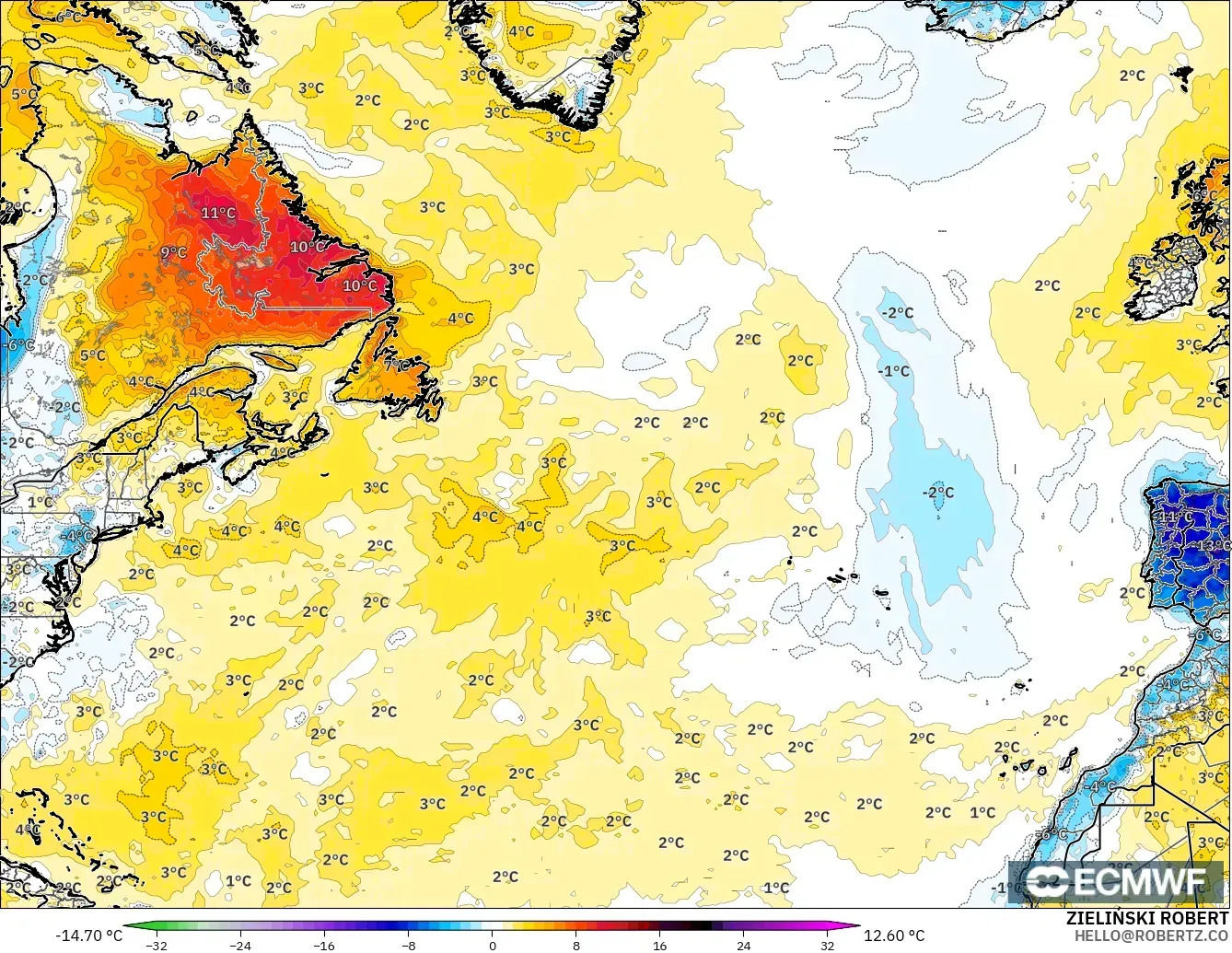 ECMWF IFS 0.25° modelo - Norte Atlántico, Anomalía de temperatura a 2 m