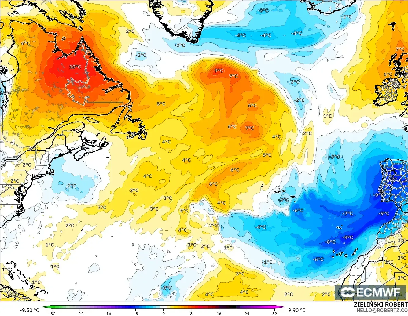 ECMWF IFS 0.25° modelo - Norte Atlántico, Anomalía de temperatura a 850 hPa