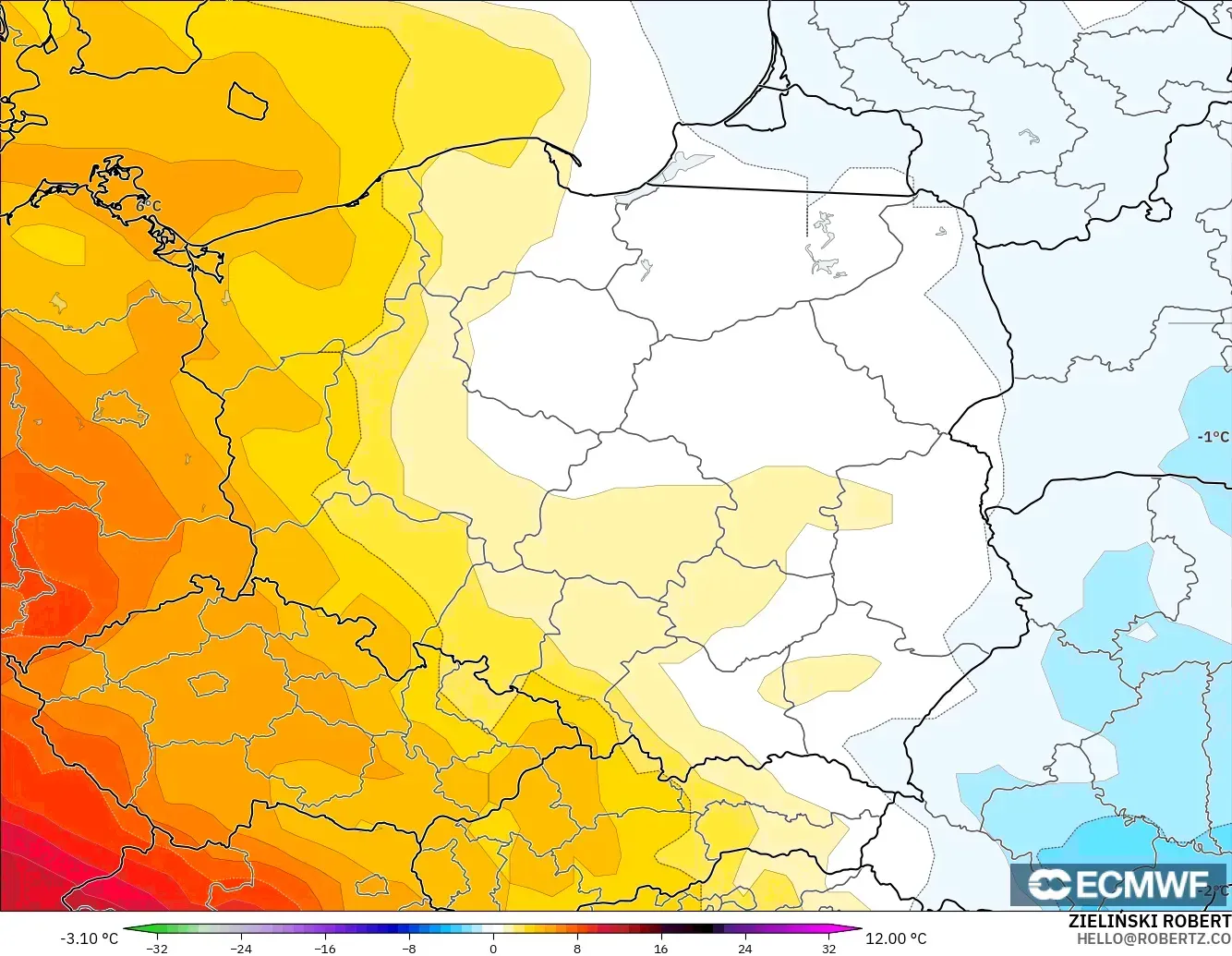 ECMWF IFS 0.25° modelo - Polonia, Anomalía de temperatura a 850 hPa