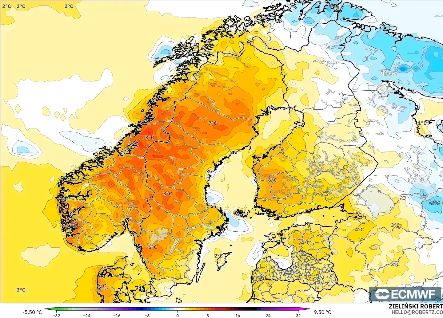 ECMWF IFS 0.25° modelo - Escandinavia, Anomalía de temperatura a 2 m