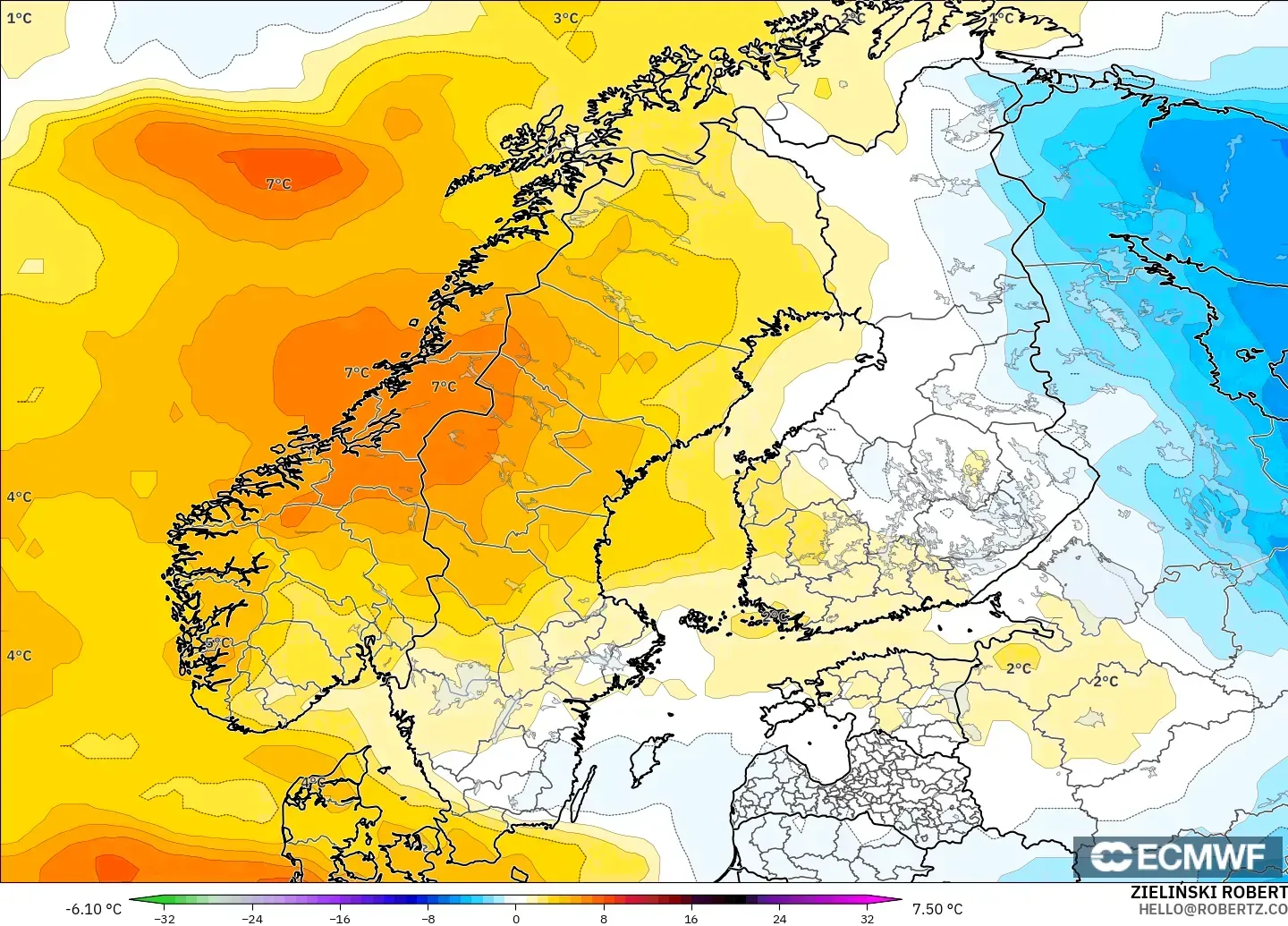 ECMWF IFS 0.25° modelo - Escandinavia, Anomalía de temperatura a 850 hPa