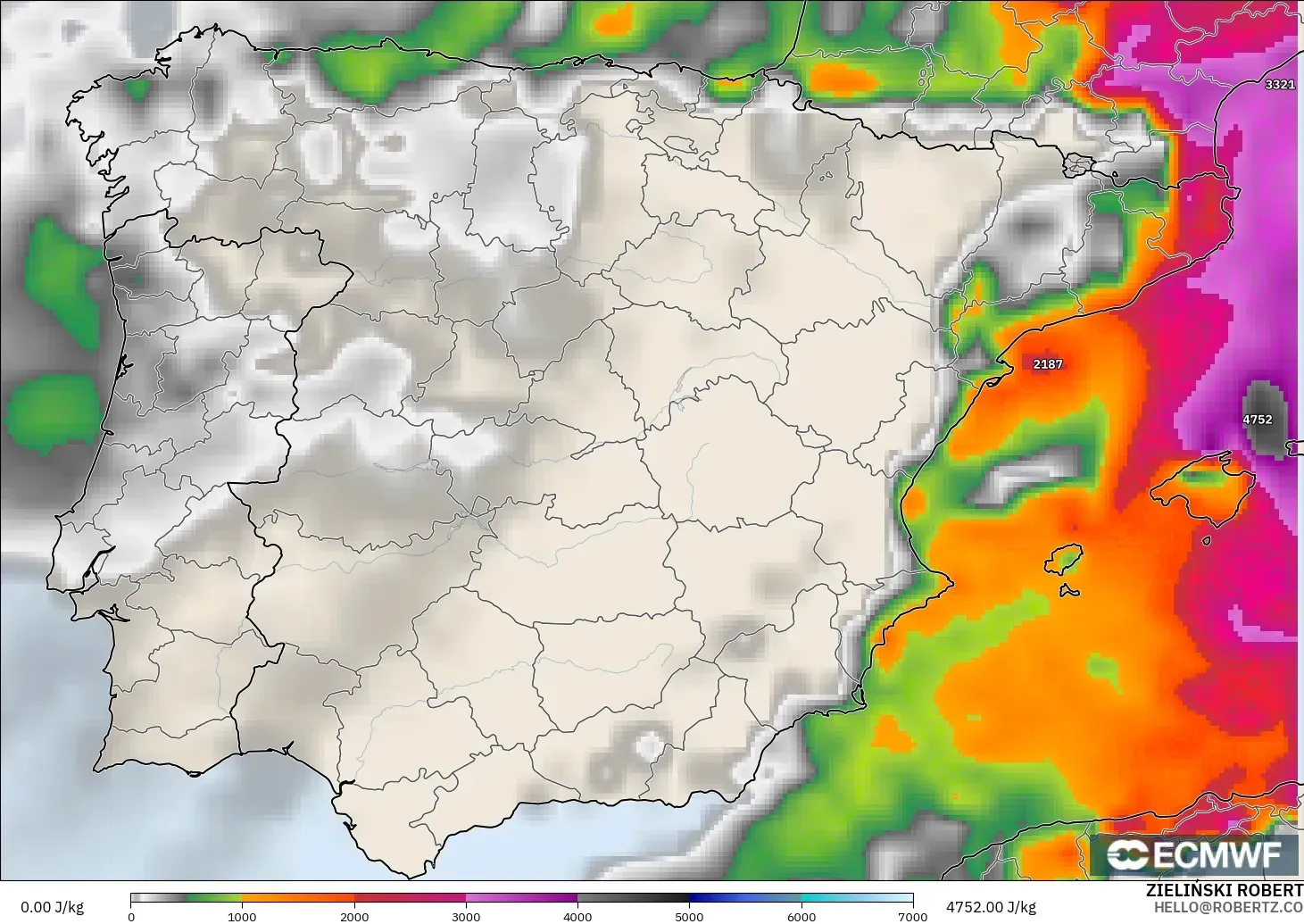 ECMWF IFS 0.25° modelo - España, CAPE