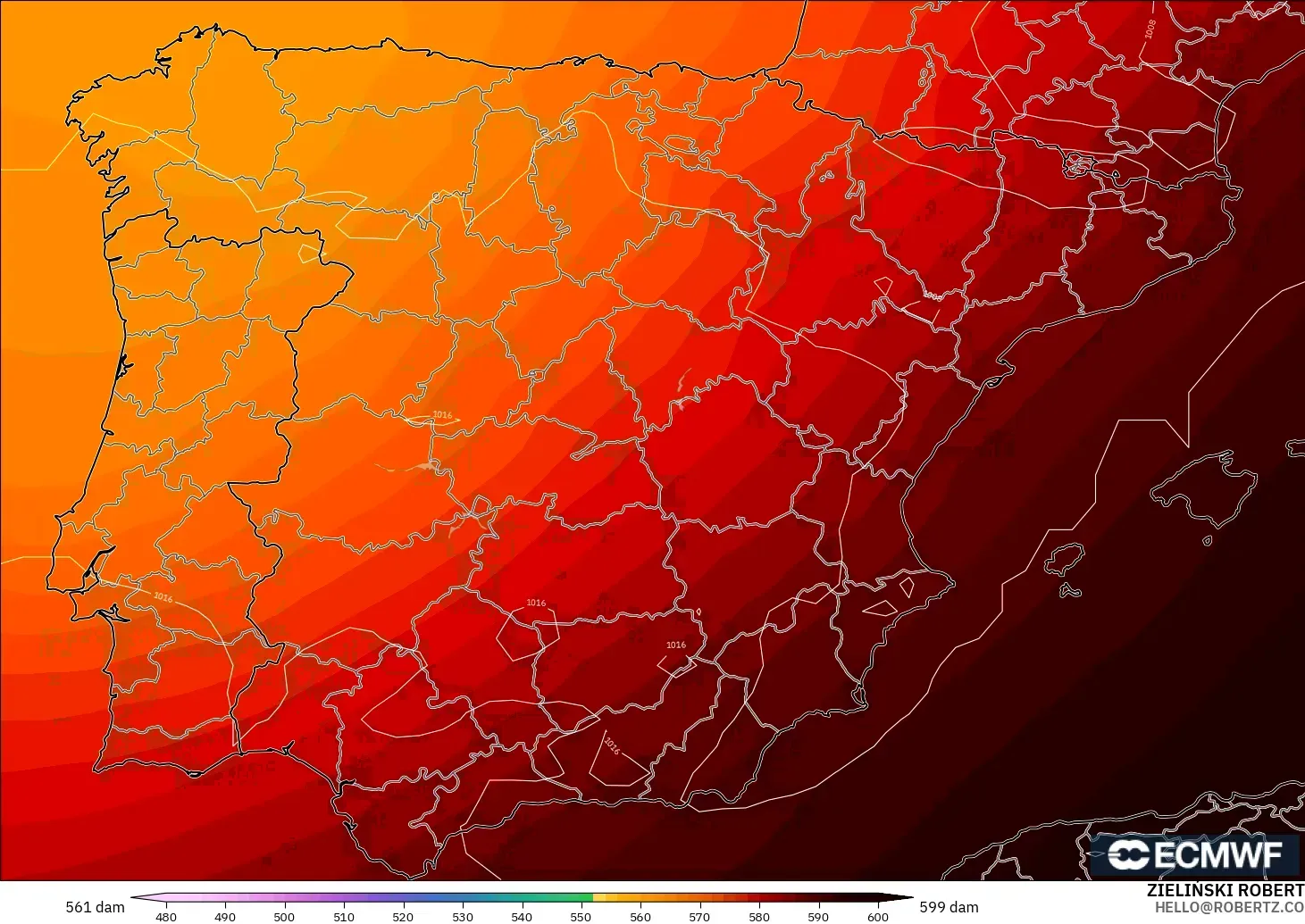 ECMWF IFS 0.25° modelo - España, Altura geopotencial a 500 hPa