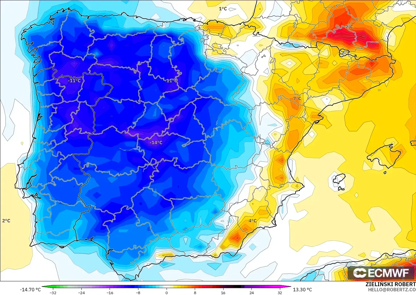 ECMWF IFS 0.25° modelo - España, Anomalía de temperatura a 2 m