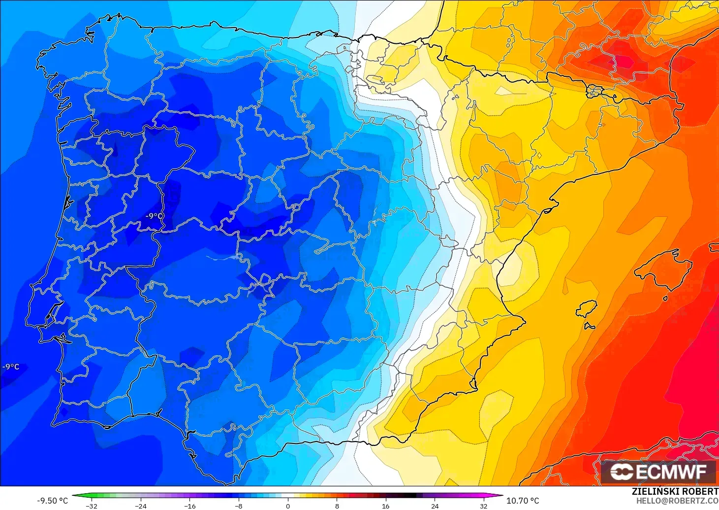 ECMWF IFS 0.25° modelo - España, Anomalía de temperatura a 850 hPa