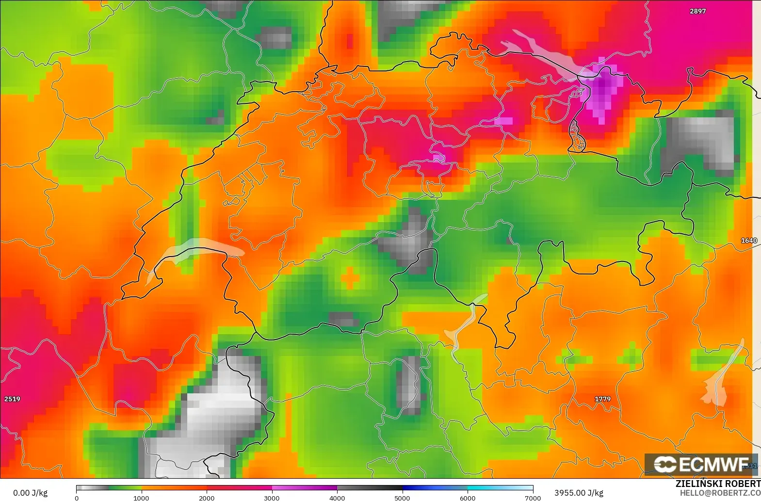 ECMWF IFS 0.25° modelo - Suiza, CAPE