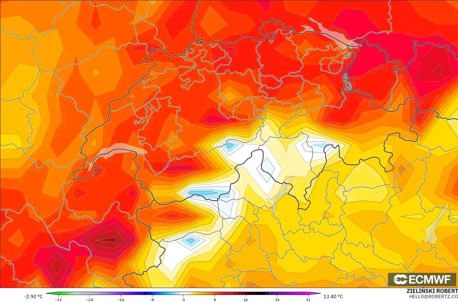 ECMWF IFS 0.25° modelo - Suiza, Anomalía de temperatura a 2 m