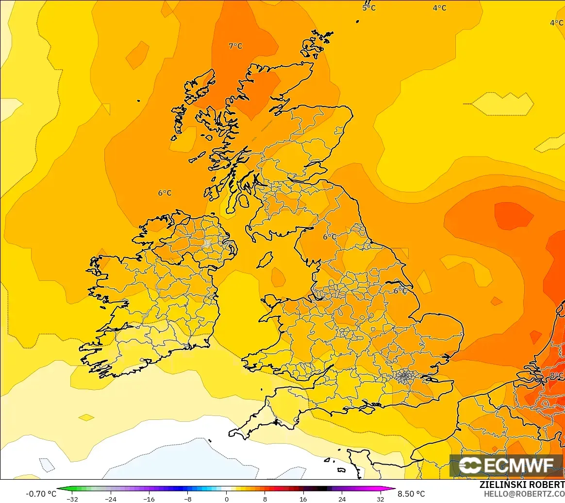 ECMWF IFS 0.25° modelo - Reino Unido, Anomalía de temperatura a 850 hPa