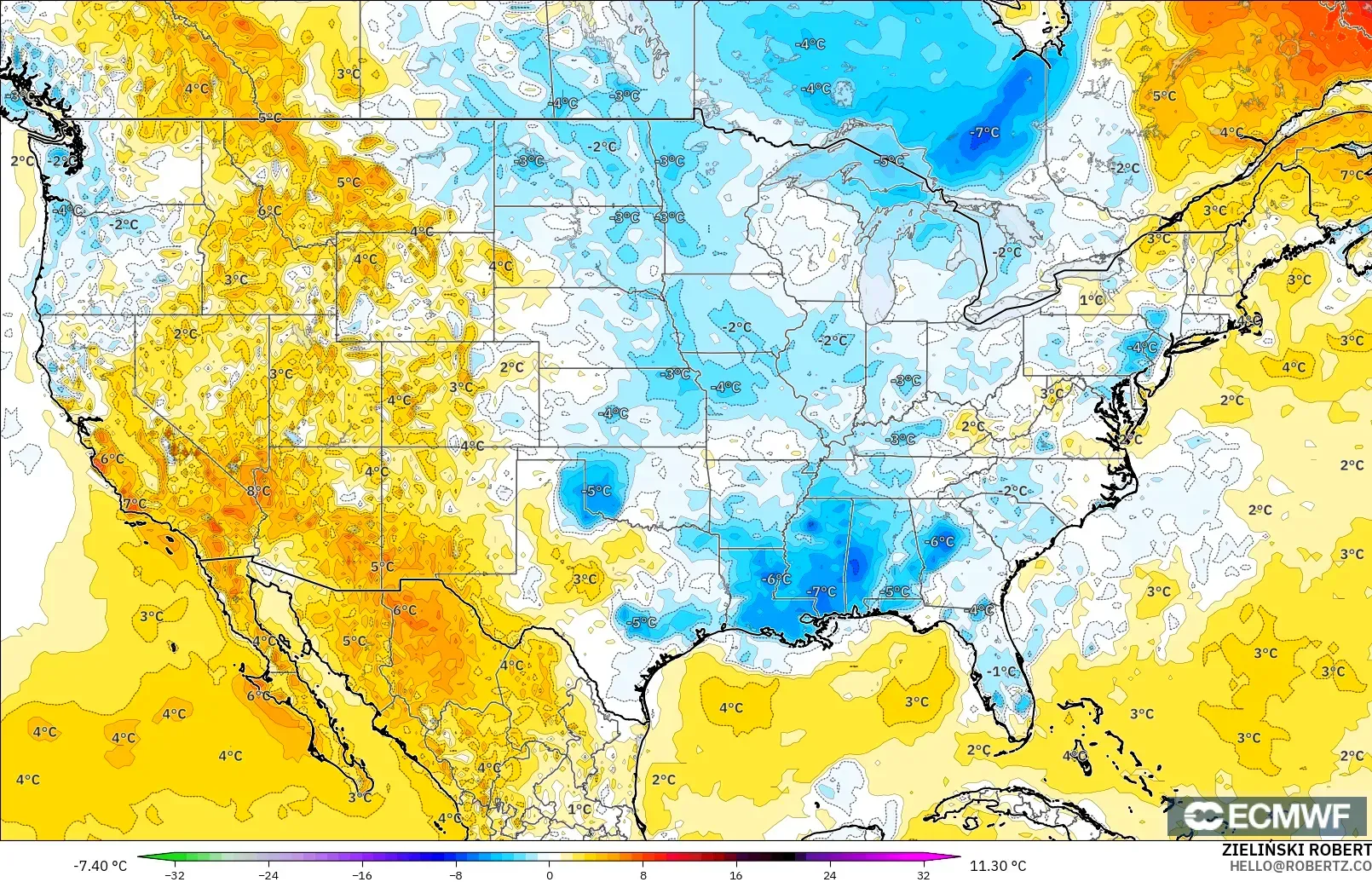 ECMWF IFS 0.25° modelo - Estados Unidos, Anomalía de temperatura a 2 m