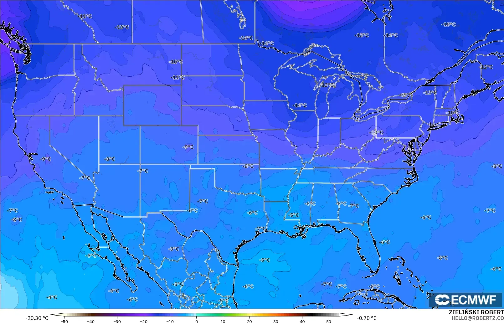 ECMWF IFS 0.25° modelo - Estados Unidos, Temperatura a 500 hPa