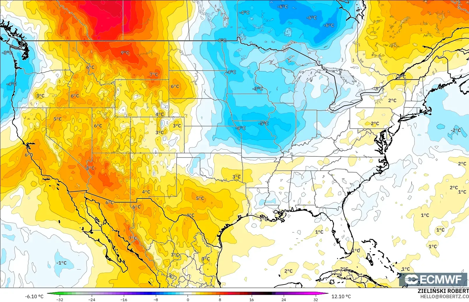 ECMWF IFS 0.25° modelo - Estados Unidos, Anomalía de temperatura a 850 hPa