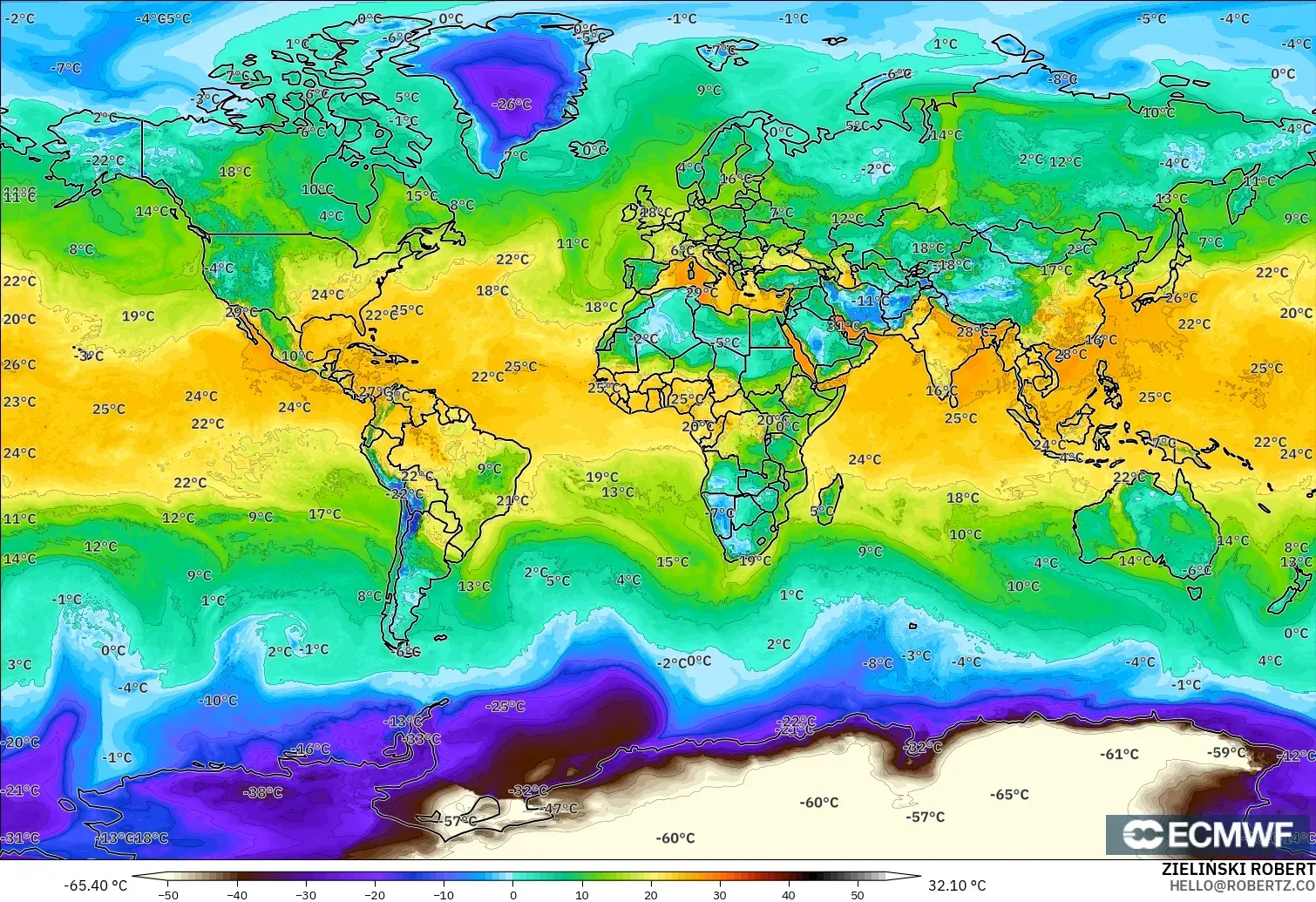 ECMWF IFS 0.25° modelo - Mundo, Punto de rocío a 2 m