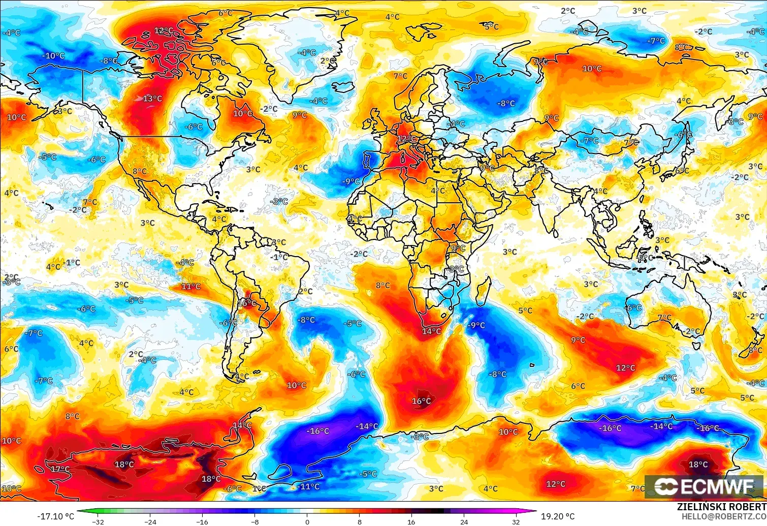 ECMWF IFS 0.25° modelo - Mundo, Anomalía de temperatura a 850 hPa