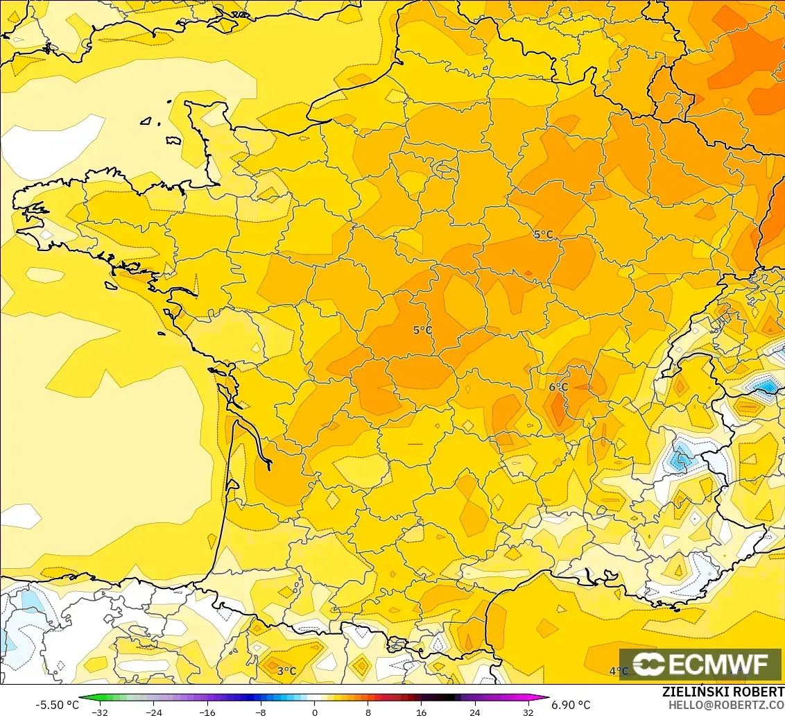 ECMWF IFS 0.25° modelo - Francia, Anomalía de temperatura a 2 m