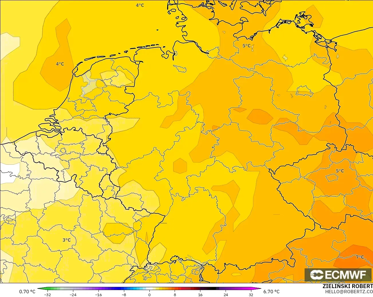 ECMWF IFS 0.25° modelo - Alemania, Anomalía de temperatura a 850 hPa