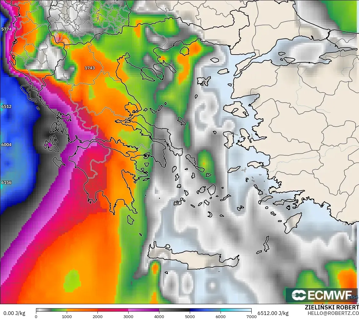 ECMWF IFS 0.25° modelo - Grecia, CAPE