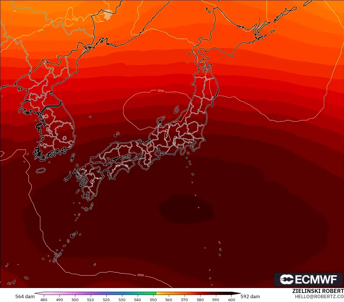 ECMWF IFS 0.25° modelo - Japón, Altura geopotencial a 500 hPa