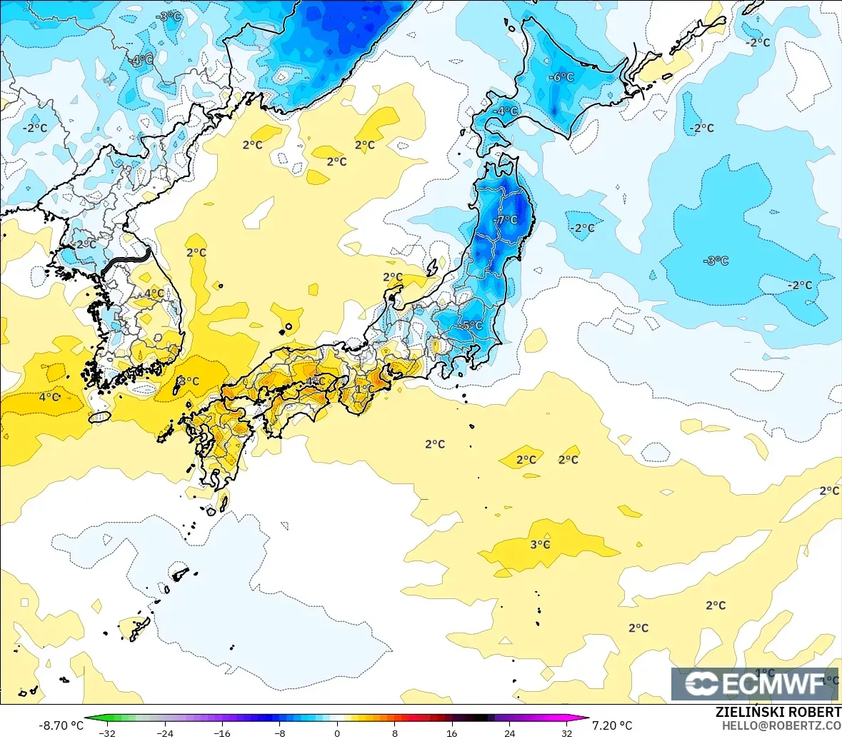 ECMWF IFS 0.25° modelo - Japón, Anomalía de temperatura a 2 m