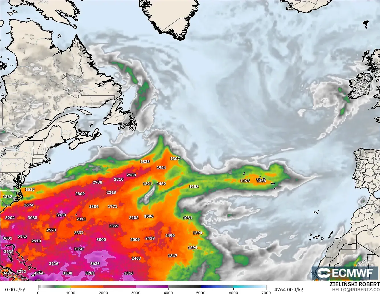 ECMWF IFS 0.25° modelo - Norte Atlántico, CAPE