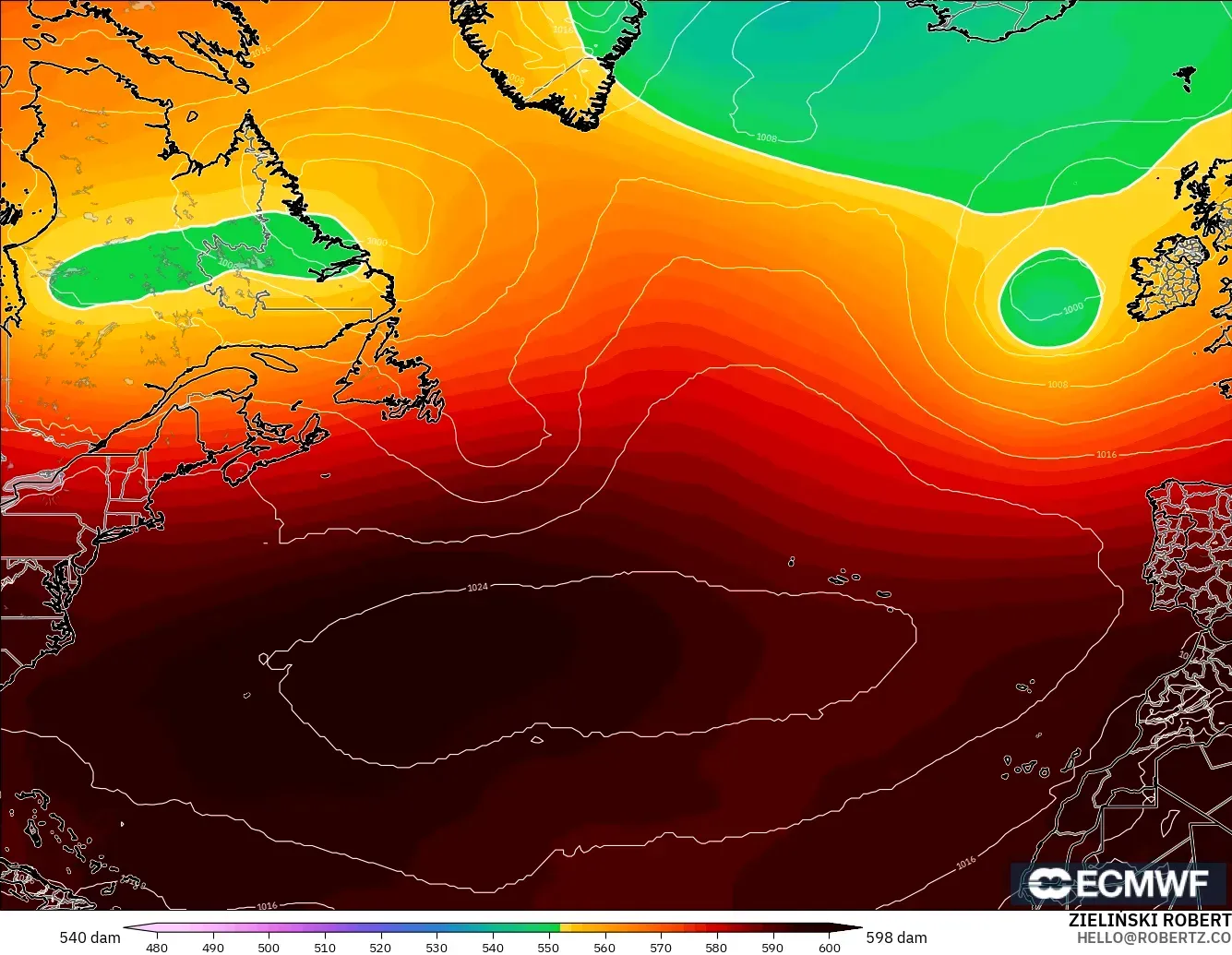 ECMWF IFS 0.25° modelo - Norte Atlántico, Altura geopotencial a 500 hPa