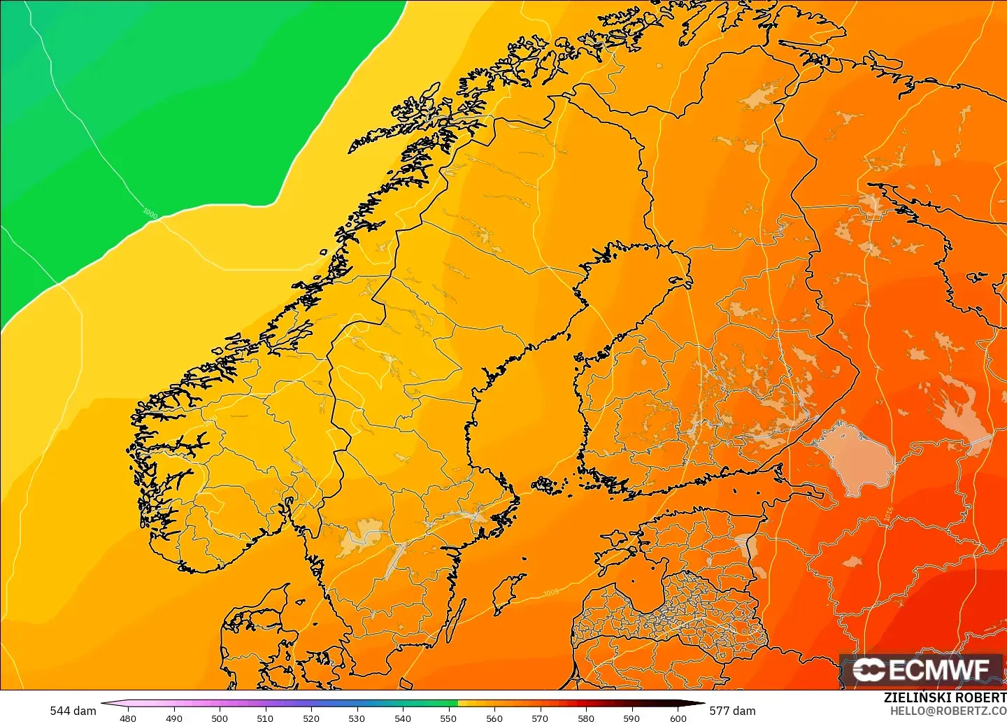ECMWF IFS 0.25° modelo - Escandinavia, Altura geopotencial a 500 hPa
