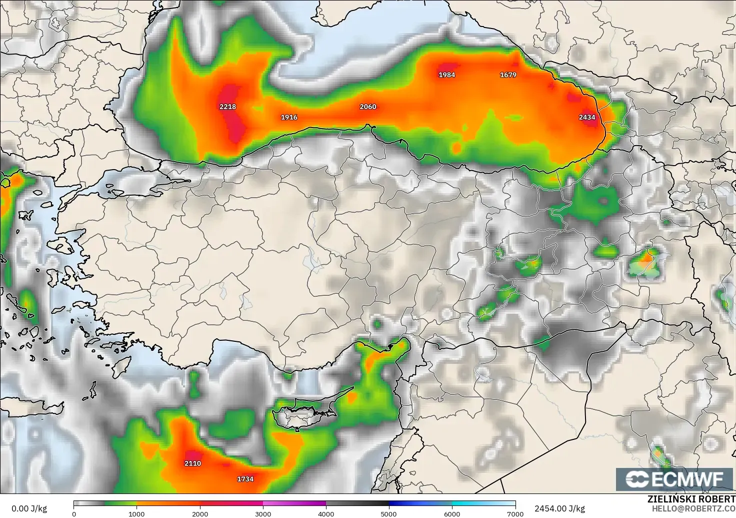 ECMWF IFS 0.25° modelo - Turquía, CAPE