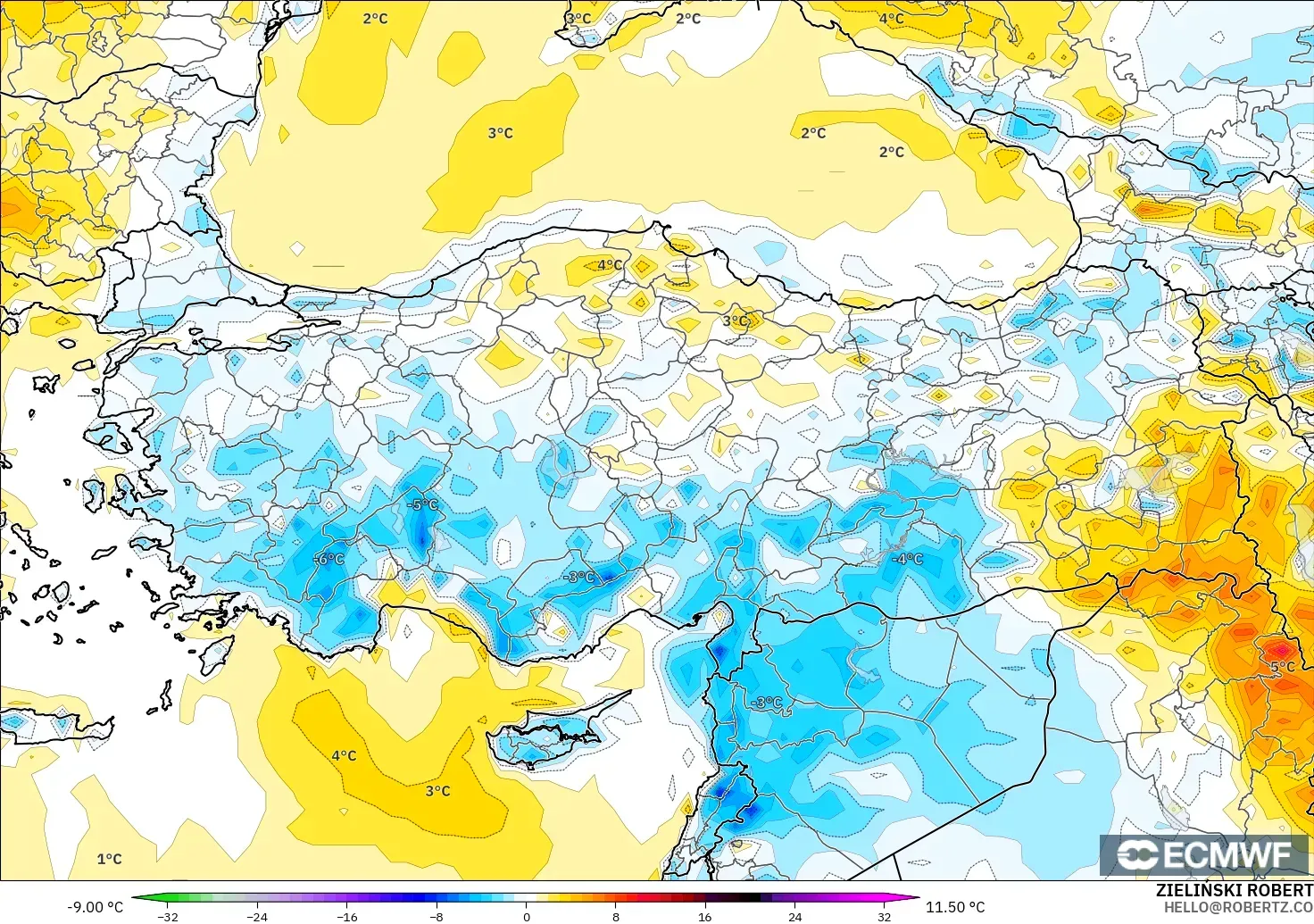 ECMWF IFS 0.25° modelo - Turquía, Anomalía de temperatura a 2 m