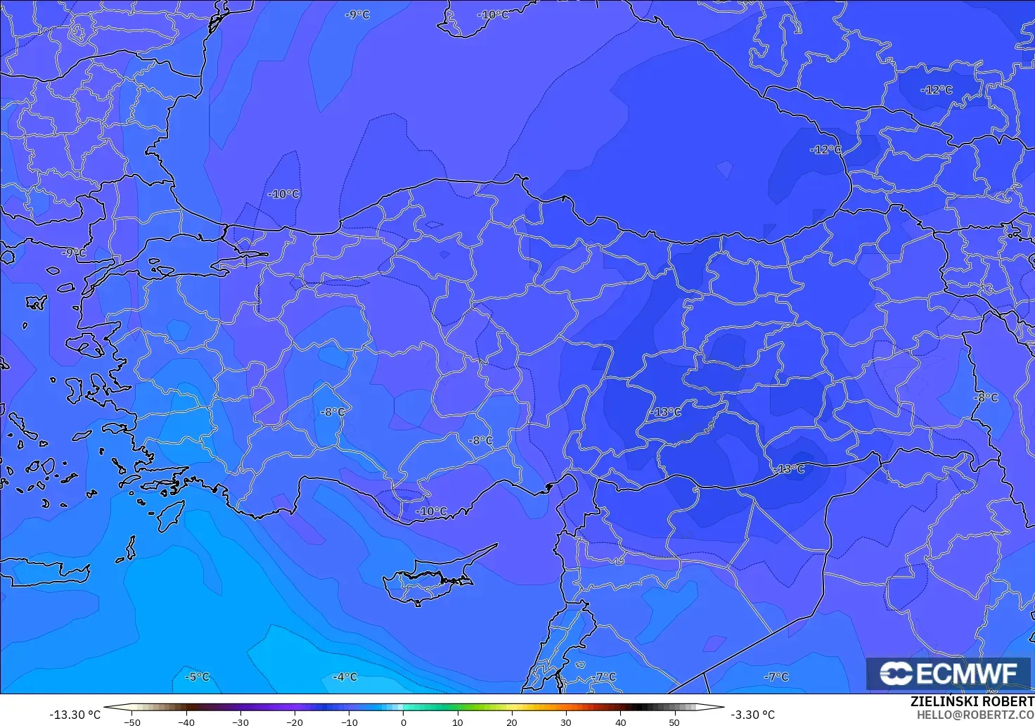 ECMWF IFS 0.25° modelo - Turquía, Temperatura a 500 hPa