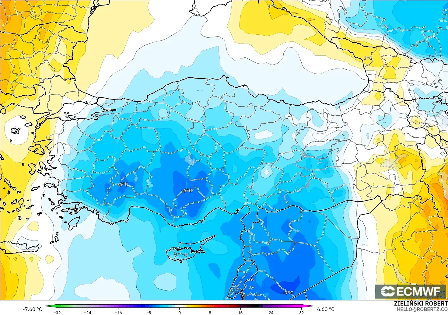 ECMWF IFS 0.25° modelo - Turquía, Anomalía de temperatura a 850 hPa
