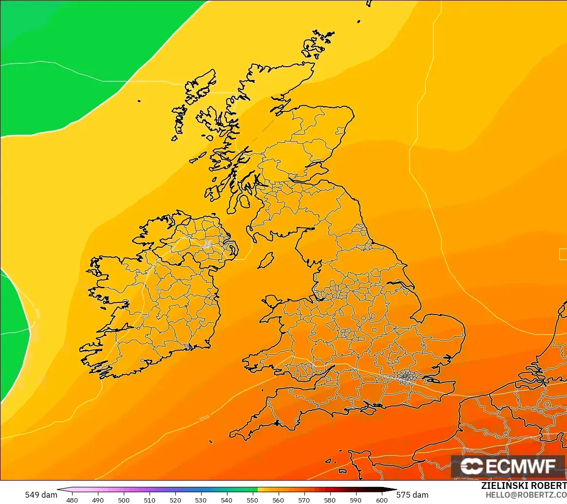 ECMWF IFS 0.25° modelo - Reino Unido, Altura geopotencial a 500 hPa