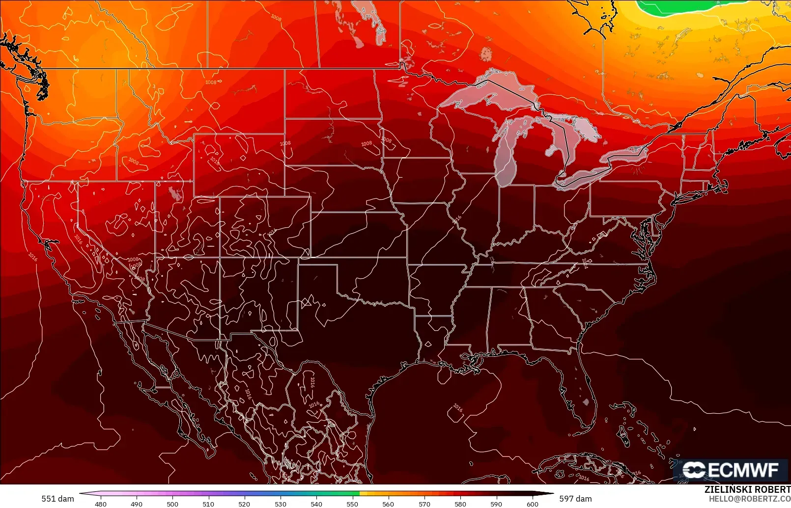 ECMWF IFS 0.25° modelo - Estados Unidos, Altura geopotencial a 500 hPa