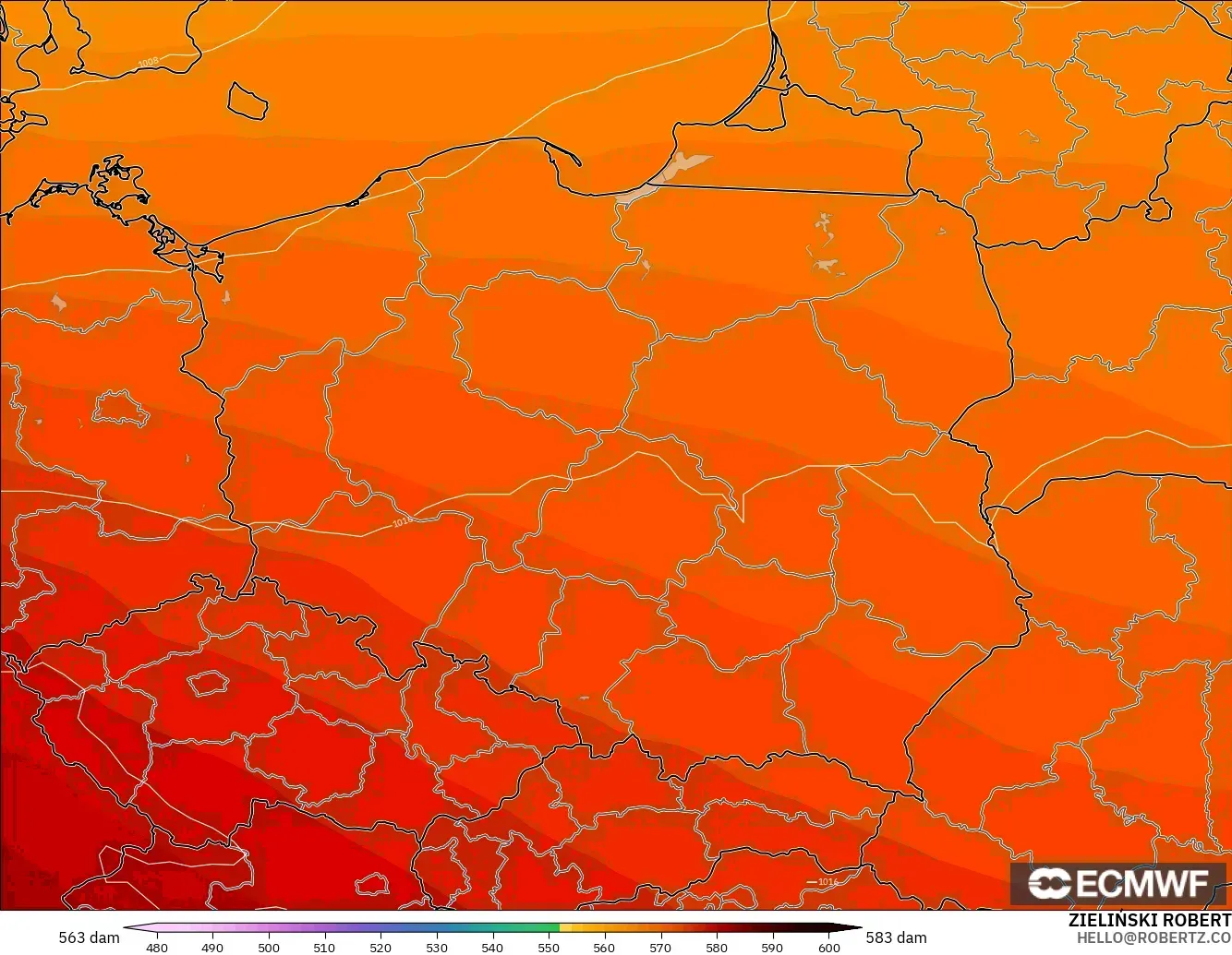ECMWF IFS 0.25° modelo - Polonia, Altura geopotencial a 500 hPa