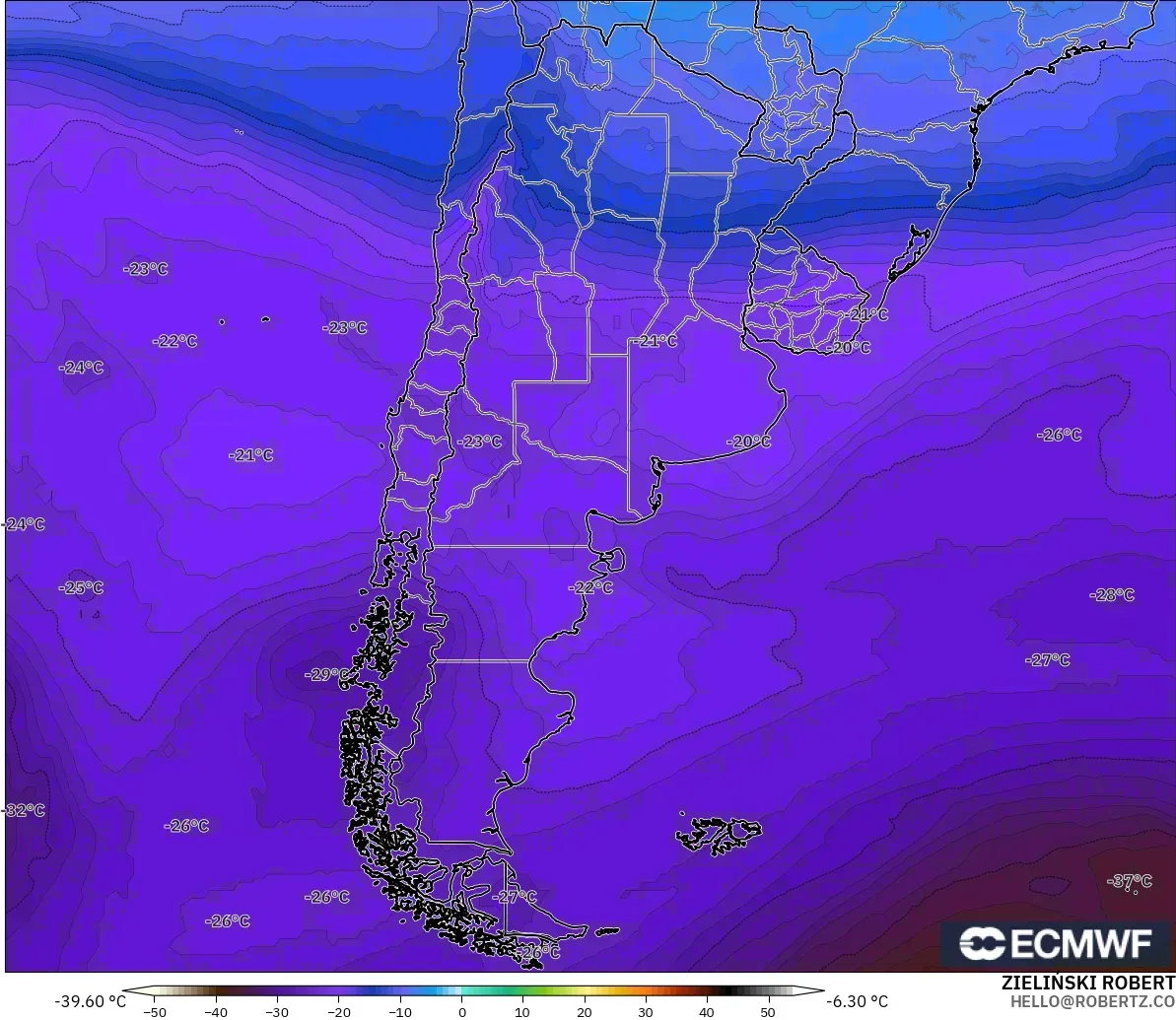 ECMWF IFS 0.25° modelo - Argentina, Temperatura a 500 hPa
