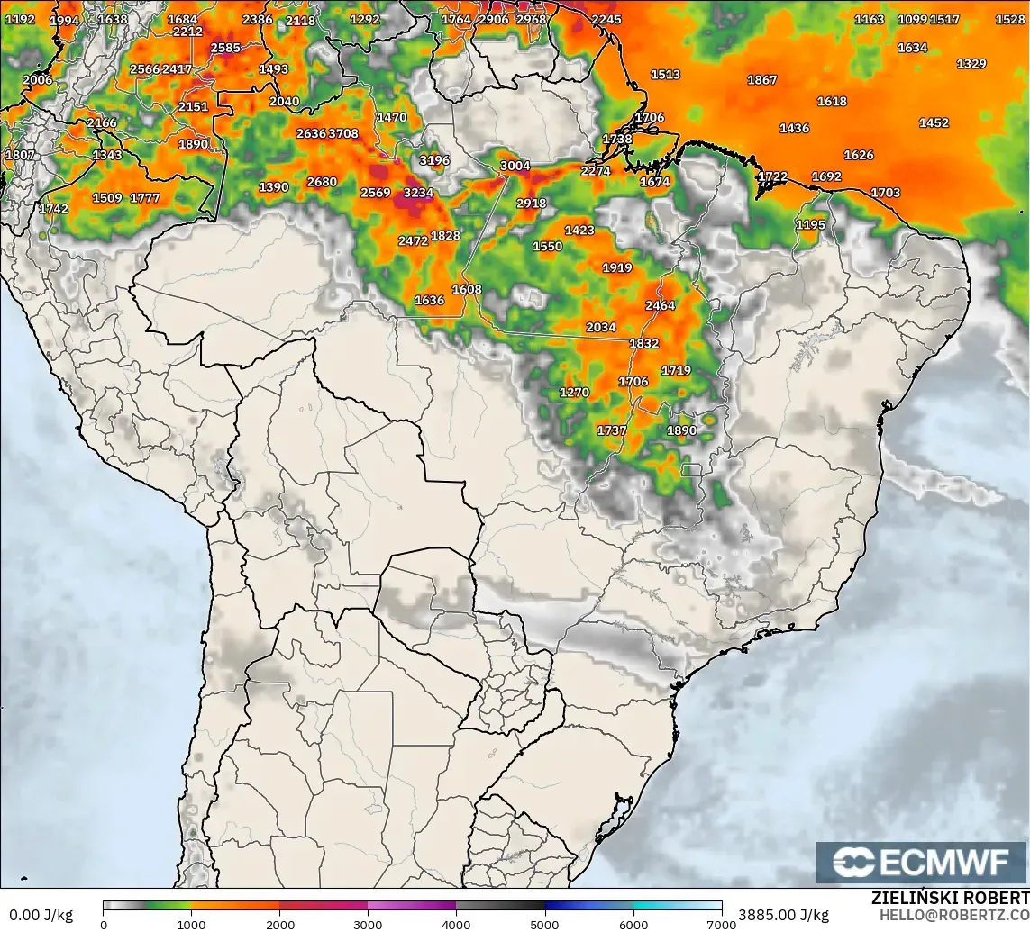 ECMWF IFS 0.25° modelo - Brasil, CAPE