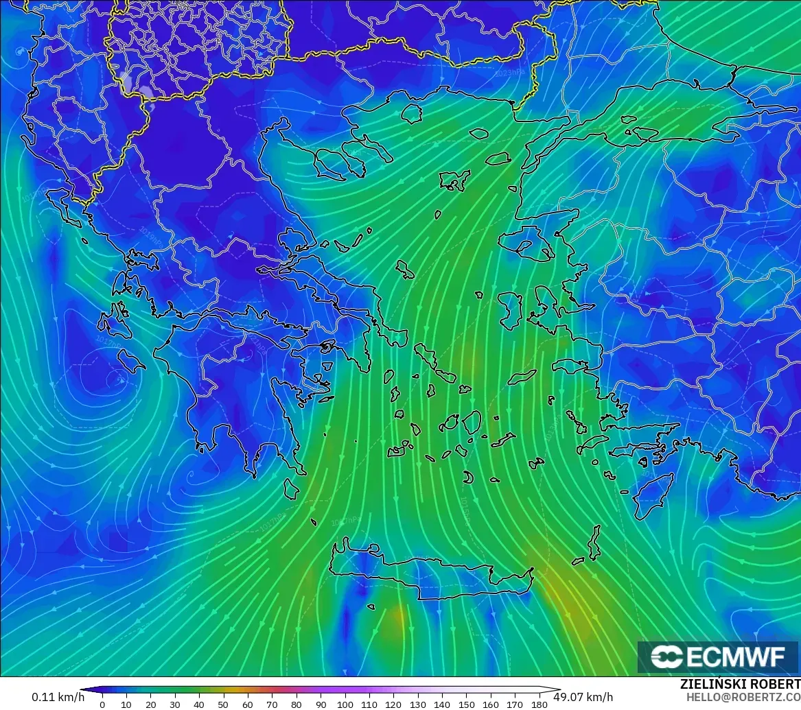 ECMWF IFS 0.25° modelo - Grecia, Viento a 10 m