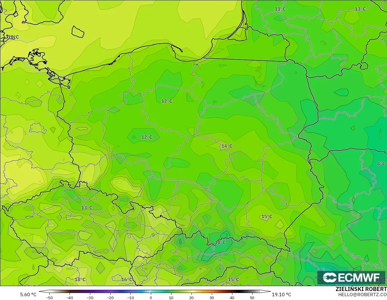 ECMWF IFS 0.25° modelo - Polonia, Temperatura a 2 m
