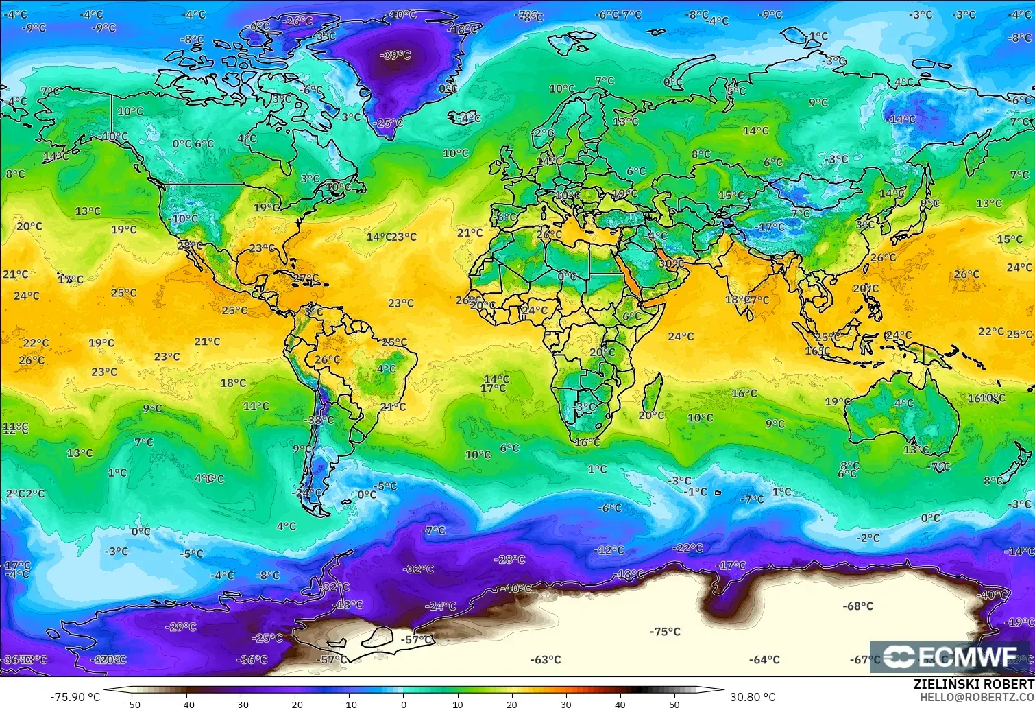 ECMWF IFS 0.25° modelo - Mundo, Punto de rocío a 2 m
