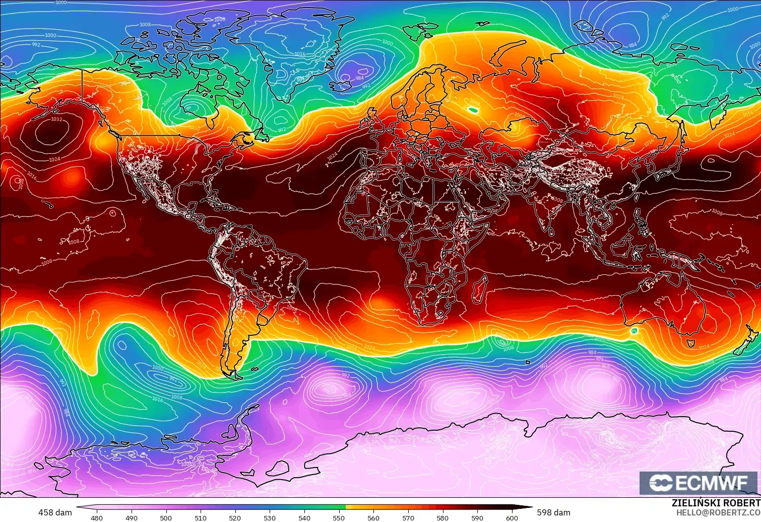 ECMWF IFS 0.25° modelo - Mundo, Altura geopotencial a 500 hPa